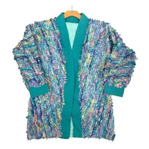 Vintage Turquoise Boho Textured Fringe Kimono Jacket Bohemian Open Front Art